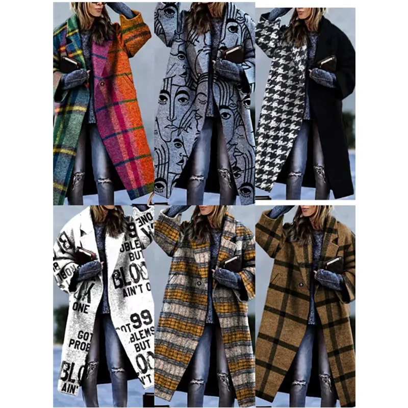 

Autumn cross-border women's clothing color-blocking plaid long-sleeved lapel coat printed dragon and phoenix woolen coat Y1174