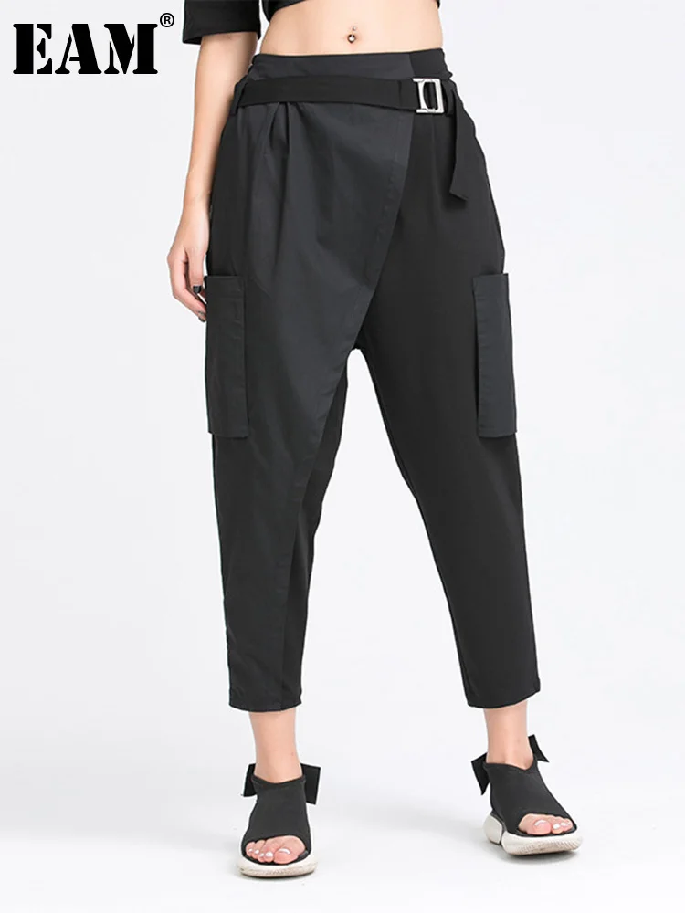 

[EAM] High Elastic Waist Belted Black Asymmetric Pants New Loose Fit Trousers Women Fashion Tide Spring Autumn 2023 1DF4654