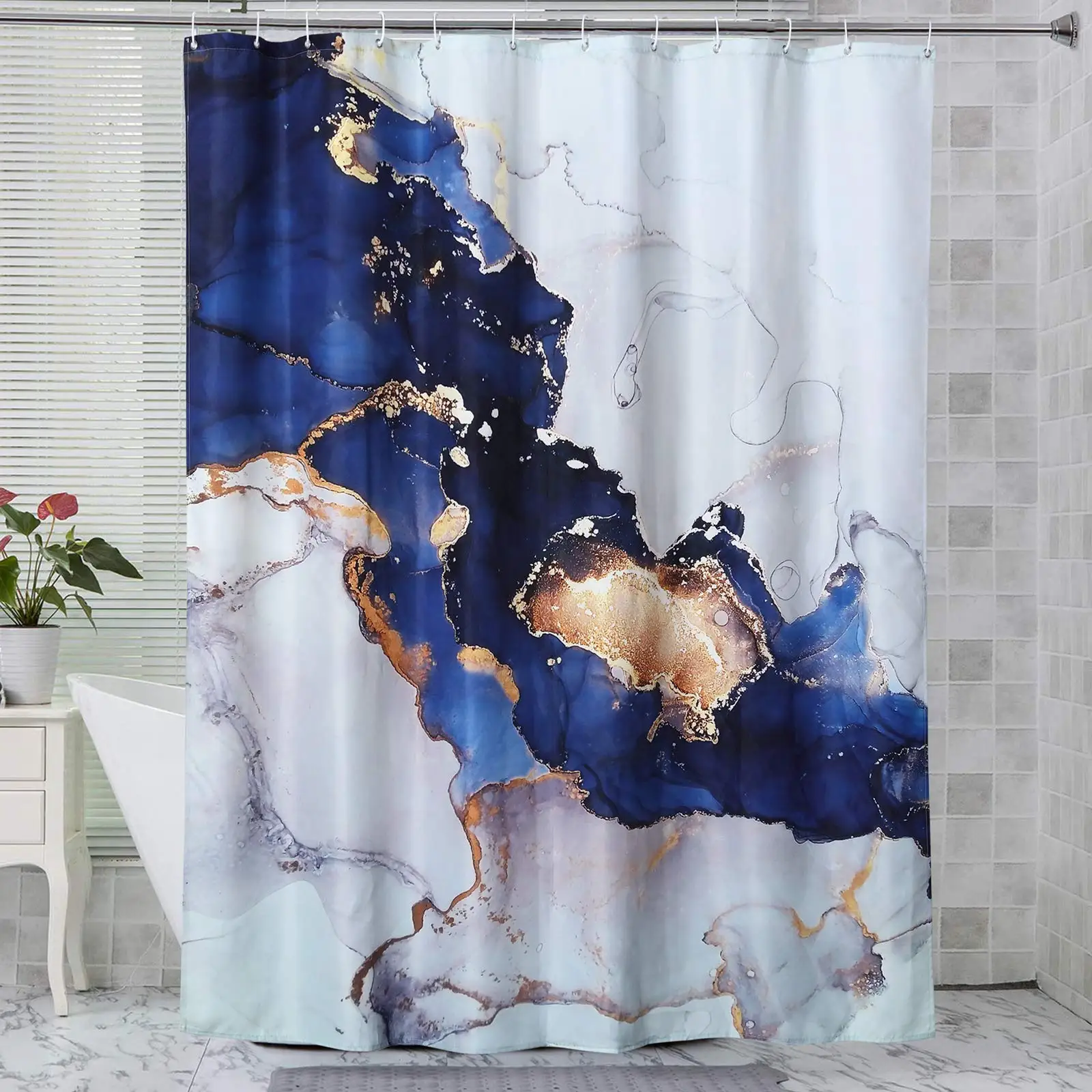 

Luxury Abstract Fabric Shower Curtain - RoomTalks Modern Blue and Gold Marble Art Painting Bathroom Shower Curtain Sets Ink