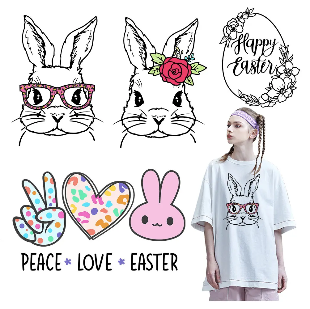 

Easter Bunny Face Heat Transfer Clothing Easter Egg Rabbit Ears Patch Adhesive Patches Thermal Stickers DIY T-shirt for Applique