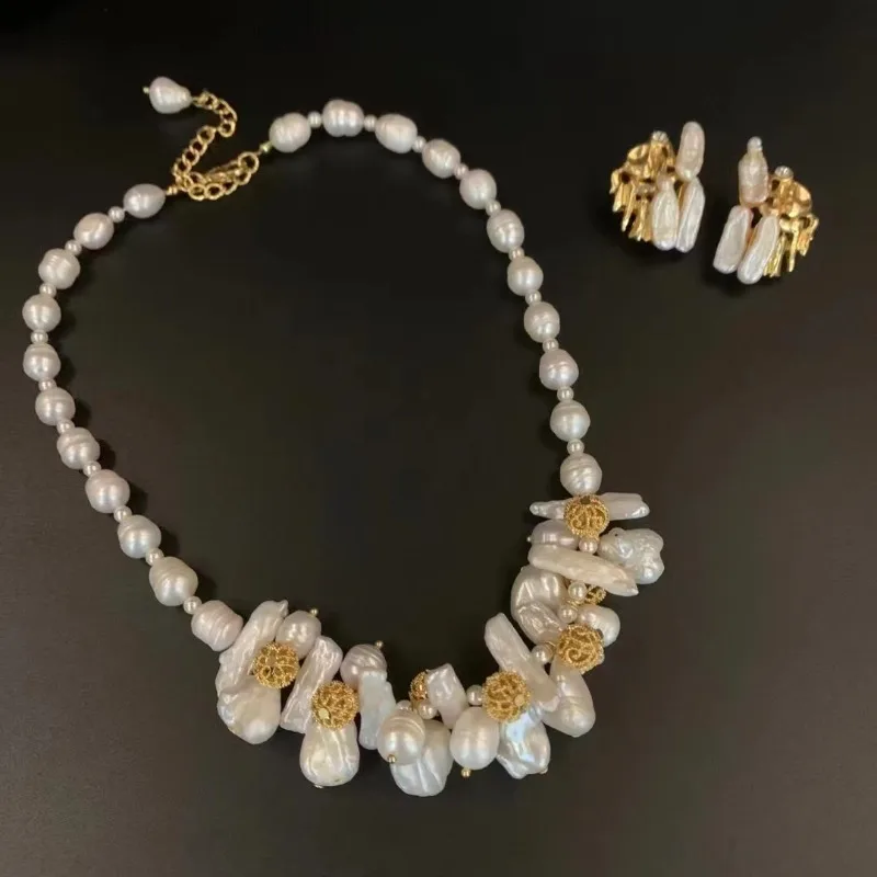 

Timeless Wonder Fancy Natural Pearl Geo Statement Necklace for Women Designer Jewelry Runway Luxury Wedding Gift Rare Set 4526