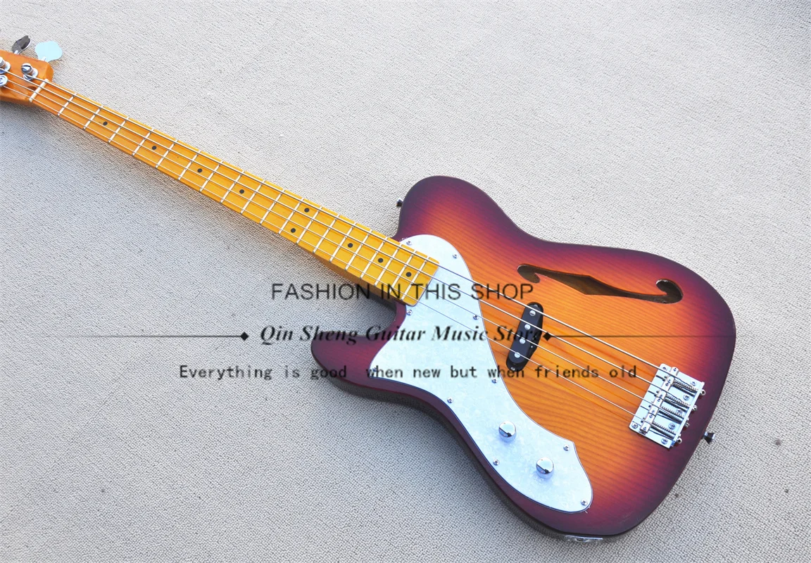 

Left Hand 4-String Electric Guitar Bass ,Tel Sunburst Bass,Yellow Maple Neck,Semi-hollow Body,Factory Custom