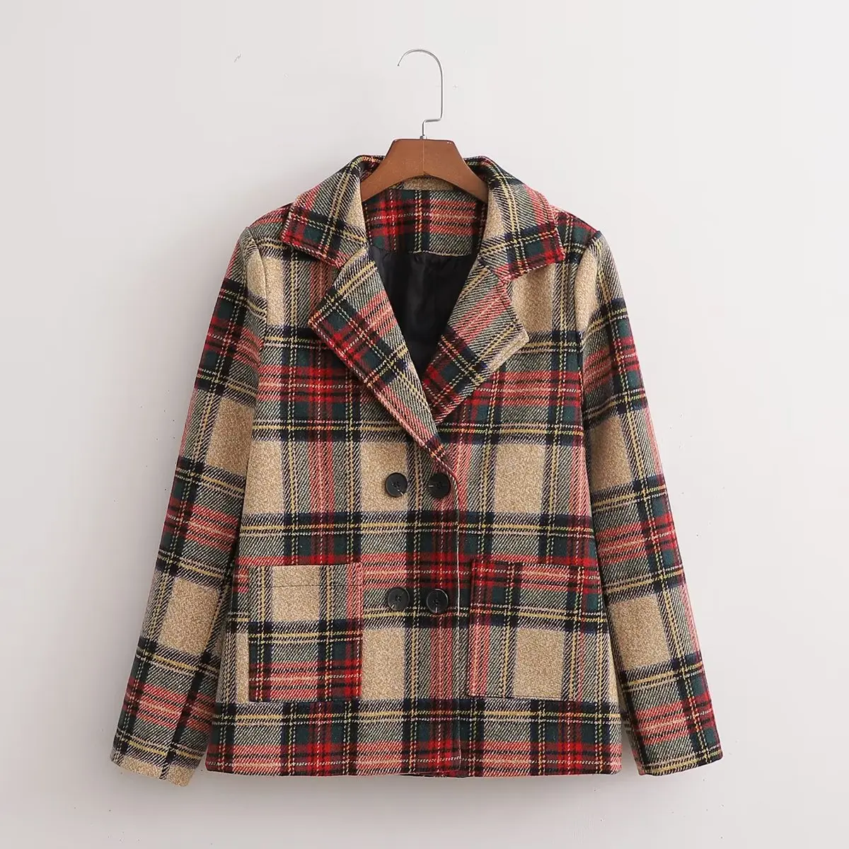 

Women 2023 New Fashion Double Breasted Cropped Tweed Check Blazer Coat Vintage Long Sleeve Pockets Female Outerwear Chic