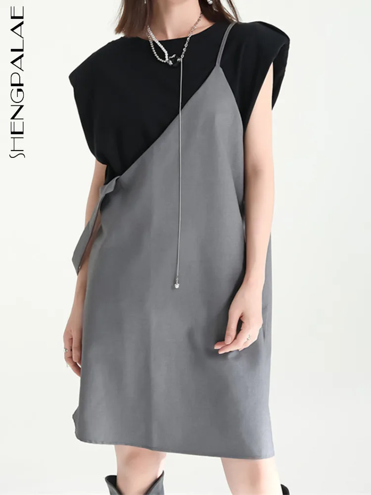 

SHENGPAIAE 2022 Summer New Asymmetrical Casual Dress Women Arrival Personality Fashion Loose O-neck Short Sleeve Dresses 5W319