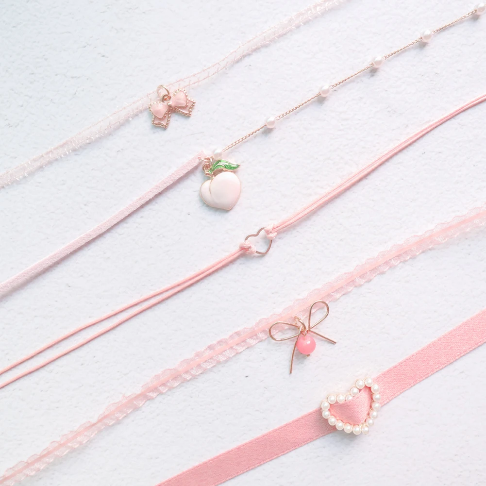 

Japanese Sweet Cute Pink Peach Heart Bow Pendant Neck Chain Collar Chokers Short Clavicle Chains Choker Necklace Girl Jewelry