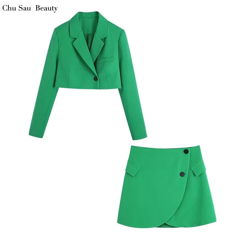 

2022 New Women Button Short Blazer Fashion Long Sleeve Single Button Slim Fit Short Suit High Waist Asymmetric Skirt