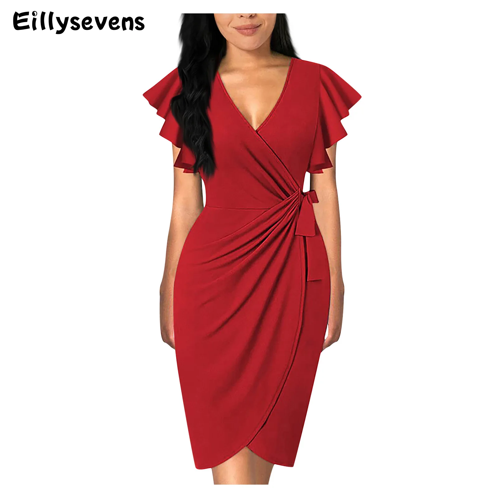 

Women's Party Dress Summer Fashion V-Neck Cocktail Dress Ruffle Short Sleeve Dresses Pleated Tunic Evening Dress Elbise Kadin