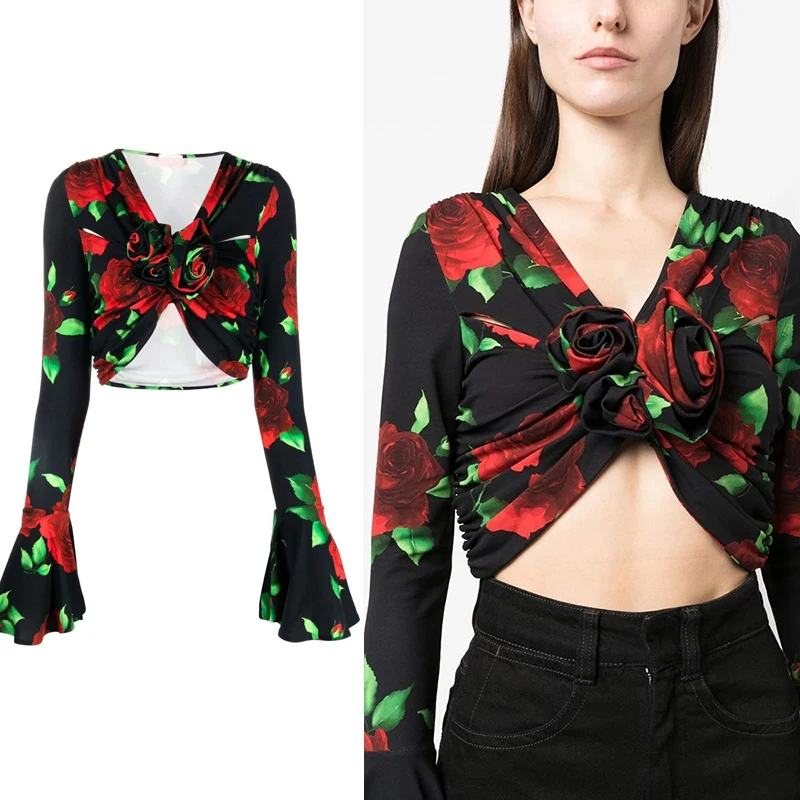 

Summer Retro Women T-shirt Three-dimensional Flowers Long Sleeved Bottoming Tops Women Floral Print Short Blouse 2023 Sexy