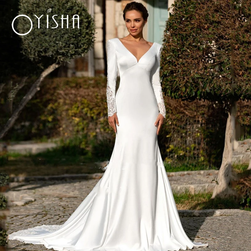

Элегантное Атласное Свадебное Платье Oyisha с юбкой-годе, кружевное свадебное платье с длинным рукавом и V-образным вырезом, свадебное платье с открытой спиной и шлейфом, 2023