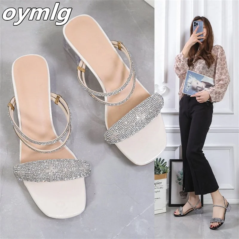 

High Heel Sandals Women 2022 Summer Transparent Thick Heel Open Toe Transparent Crystal Rhinestone Fashion Slippers