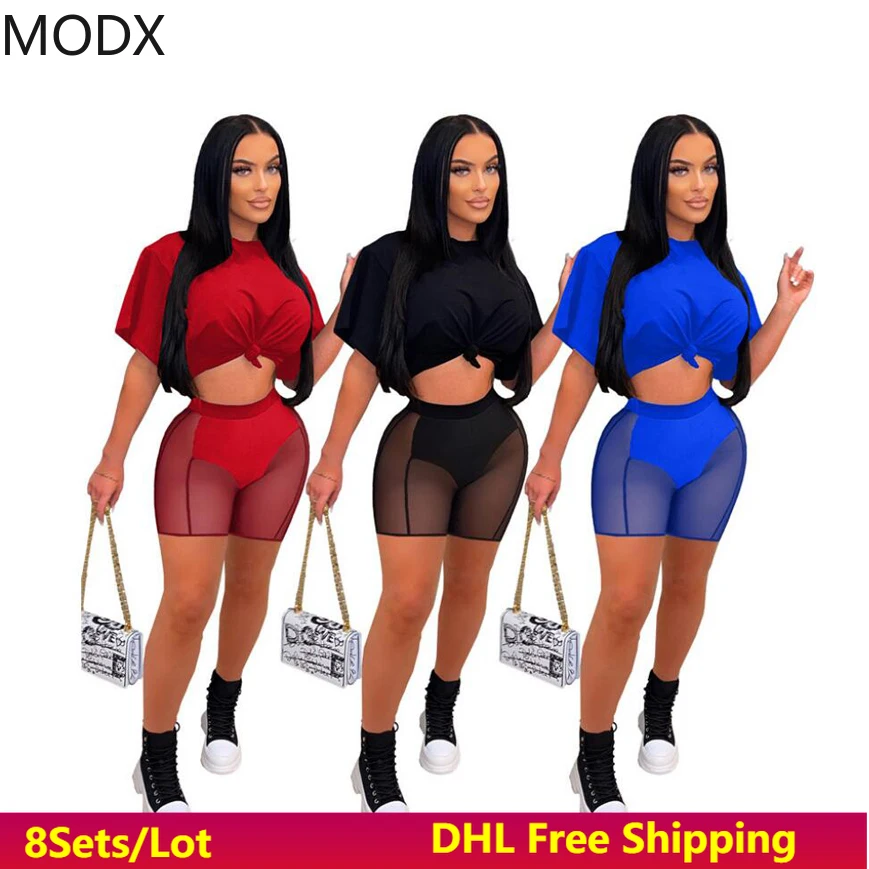 

2 Piece Set Clothes Summer Women Patchwork Tank Tops Tracksuits Female Sexy Mesh Shorts Suit Streetwear Sweatsuit Wholesale 7210