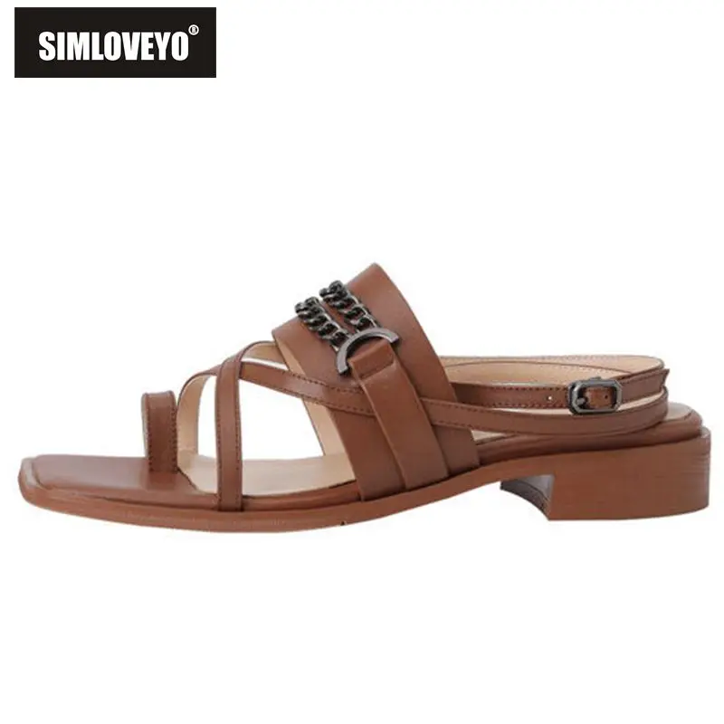 

SIMLOVEYO New Genuine Leather Women Sandals Square Toe Flats Metal Chain Ankle Buckle Strap Rome 34-40 Brown Casual Summer S3581