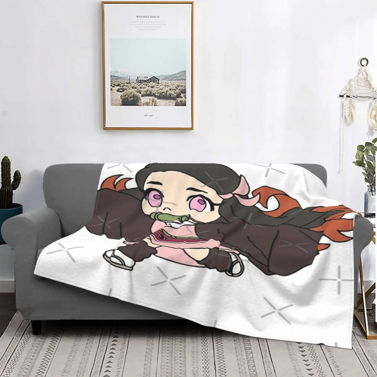 

Chibi-Manta de lana a cuadros para cama, cubrecama a cuadros de Anime, cubrecamas y fundas, Nezuko