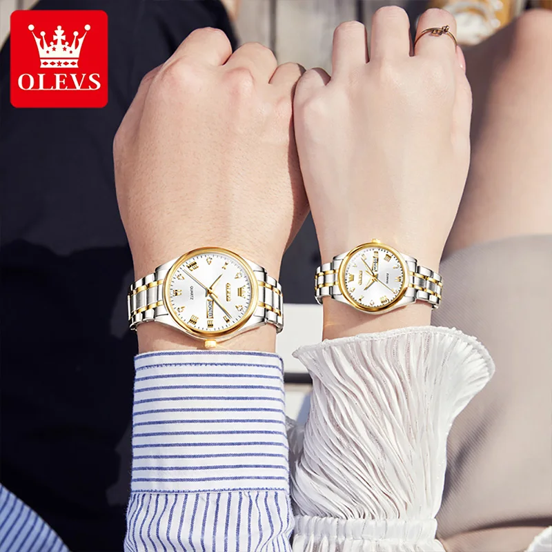 OLEVS 2022 New Couple Business HD Luminous Diamond Double Calendar 30M Waterproof  Stainless Steel Bracelet Quartz Watches 5563