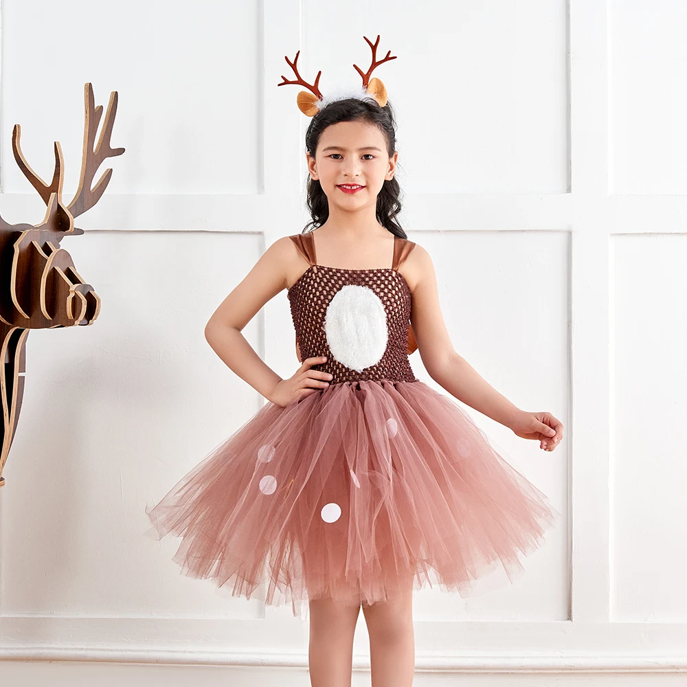 

Christmas Reindeer Fancy Tutu Dress with Headband for Girls Princess Elk Costume Kids Xmas Deer New Year Party Animal Outfit