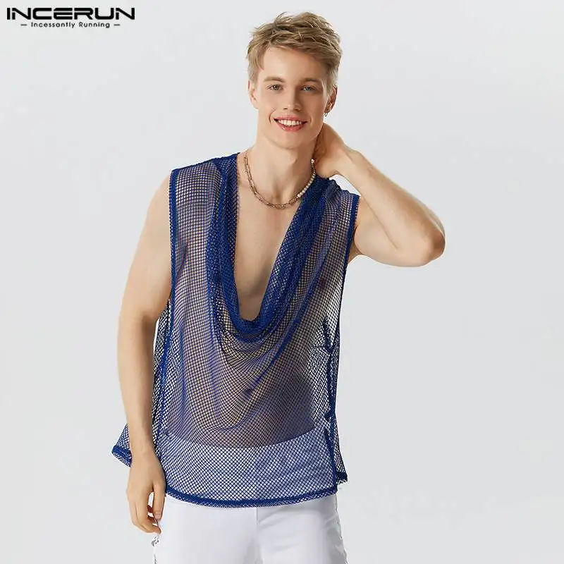 

Майка INCERUN Мужская сетчатая, прозрачная пикантная свободная жилетка без рукавов, с V-образным вырезом, модная блузка, лето