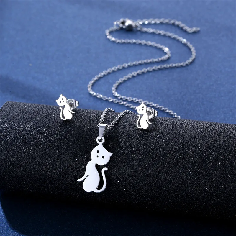 

Stainless Steel Silver Color Cat Pendant Chain Necklace Stud Earring for Women Party Birthday Fashion Jewelry Set Gift