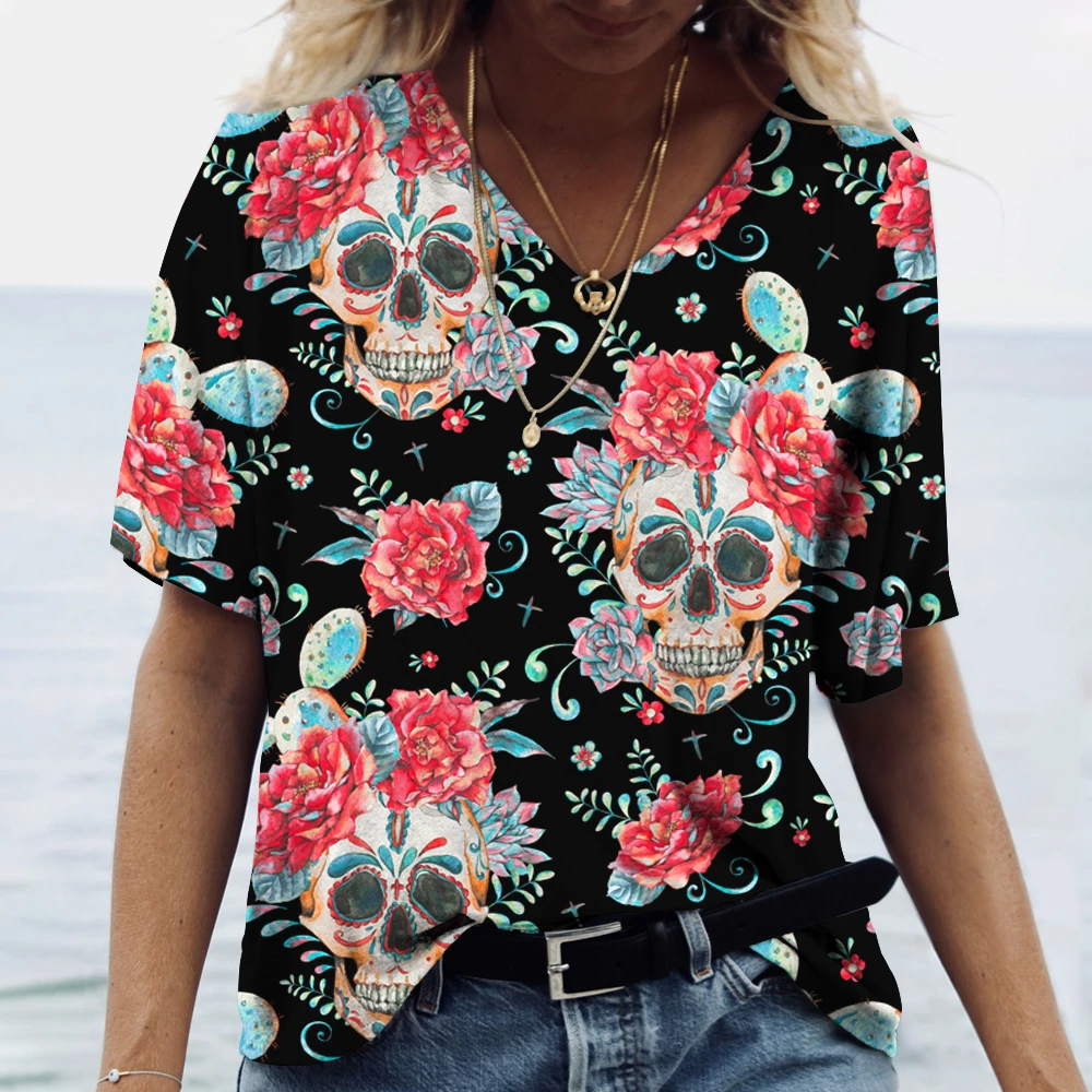 

New Women's T-Shirts Skull Print TEE Fashion Designer Clothing Oversized T-Shirts Women's Tops Streetwear Short Sleeve Tops 6XL