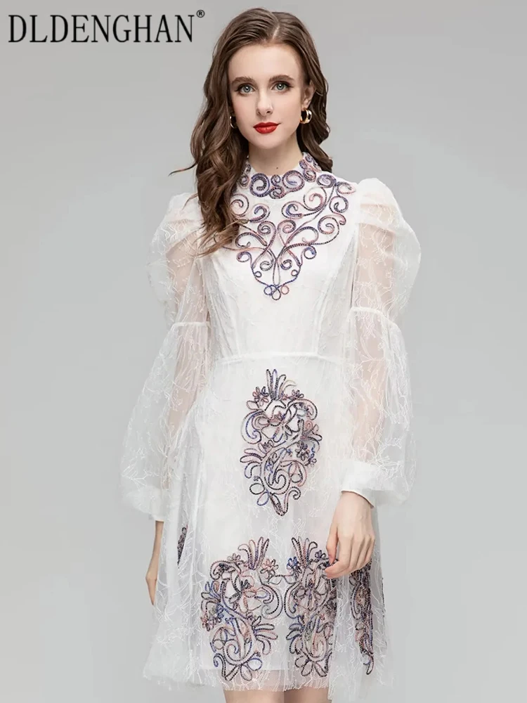 

DLDENGHAN, раннее осеннее кружевное платье для женщин, воротник-стойка, рукав-фонарик, вышивка, винтажные платья, модный дизайн, Новинка