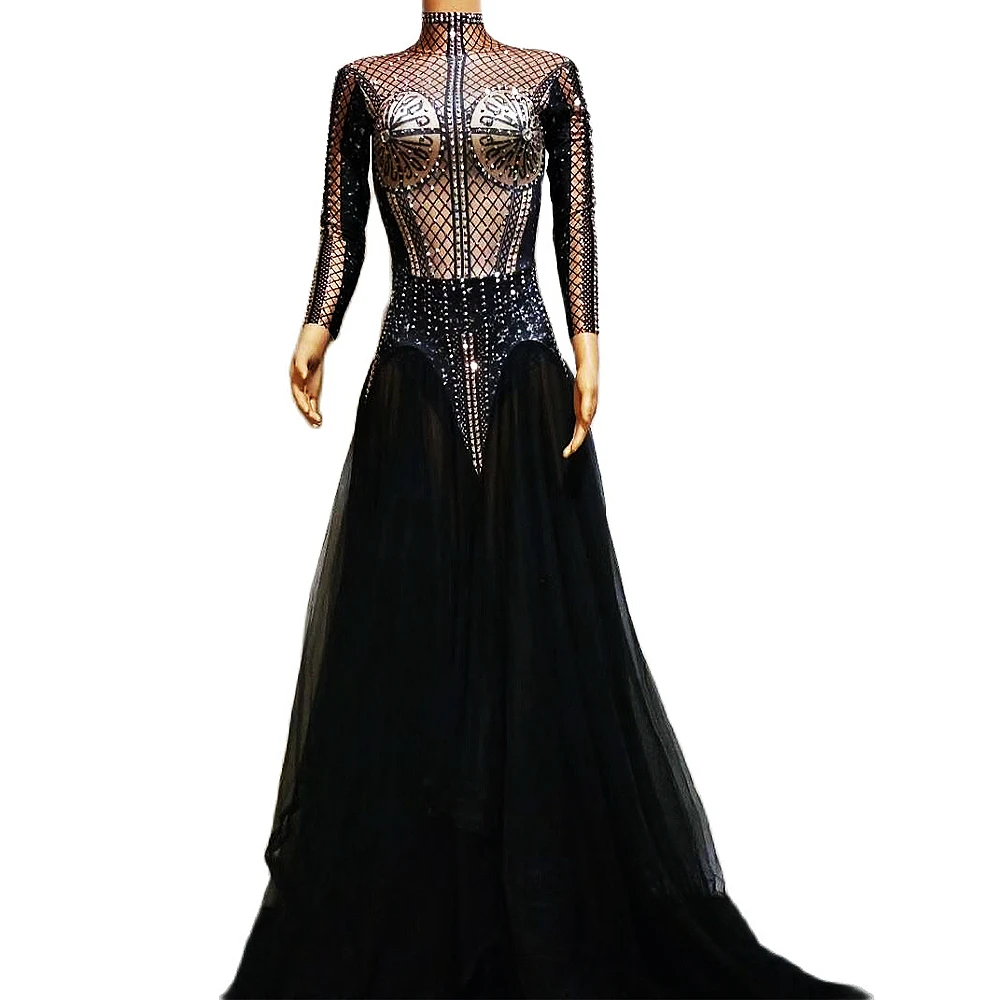 

Shining Diamonds Backless Mesh Perspective Women Party Dresses Mesh Long Tailing Dresses Singer Stage Performance Costume