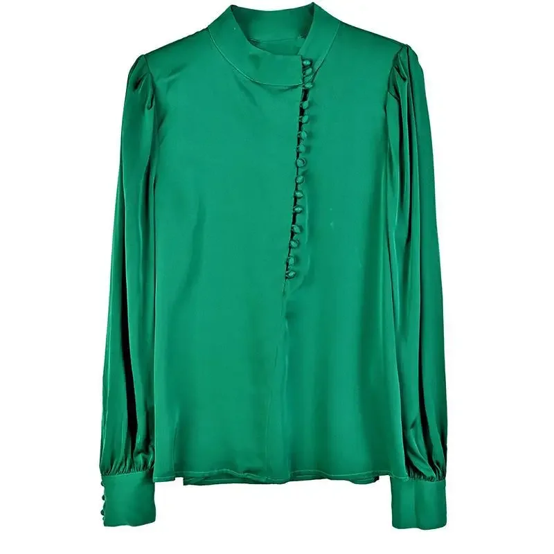 Винтажная зеленая рубашка с длинными рукавами и воротником-стойкой на талии