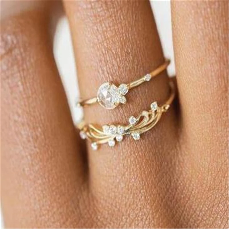 

2 PCS/Set Wedding Ring Set For Women With White Flower Cubic Zircon Female Engagement Jewelry Copper Hand Accessories Size 6-10