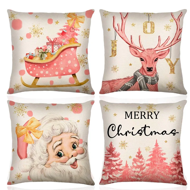 

45cm Pink Christmas Peach Skin Pillow Cover Pink Santa Claus Xmas Snowman Pillow Case Merry Christmas Decor For Home 2024 Noel