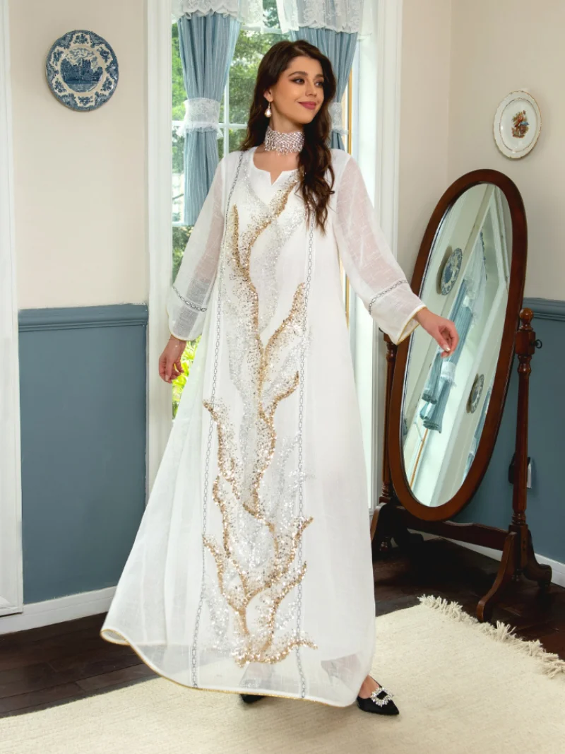 Eid Arab Muslim Women Dress Sequins Mesh Abaya Morocco Kaftan Party Long Vestidos Turkey Ramadan Gown Dresses Saudi Arab Robe