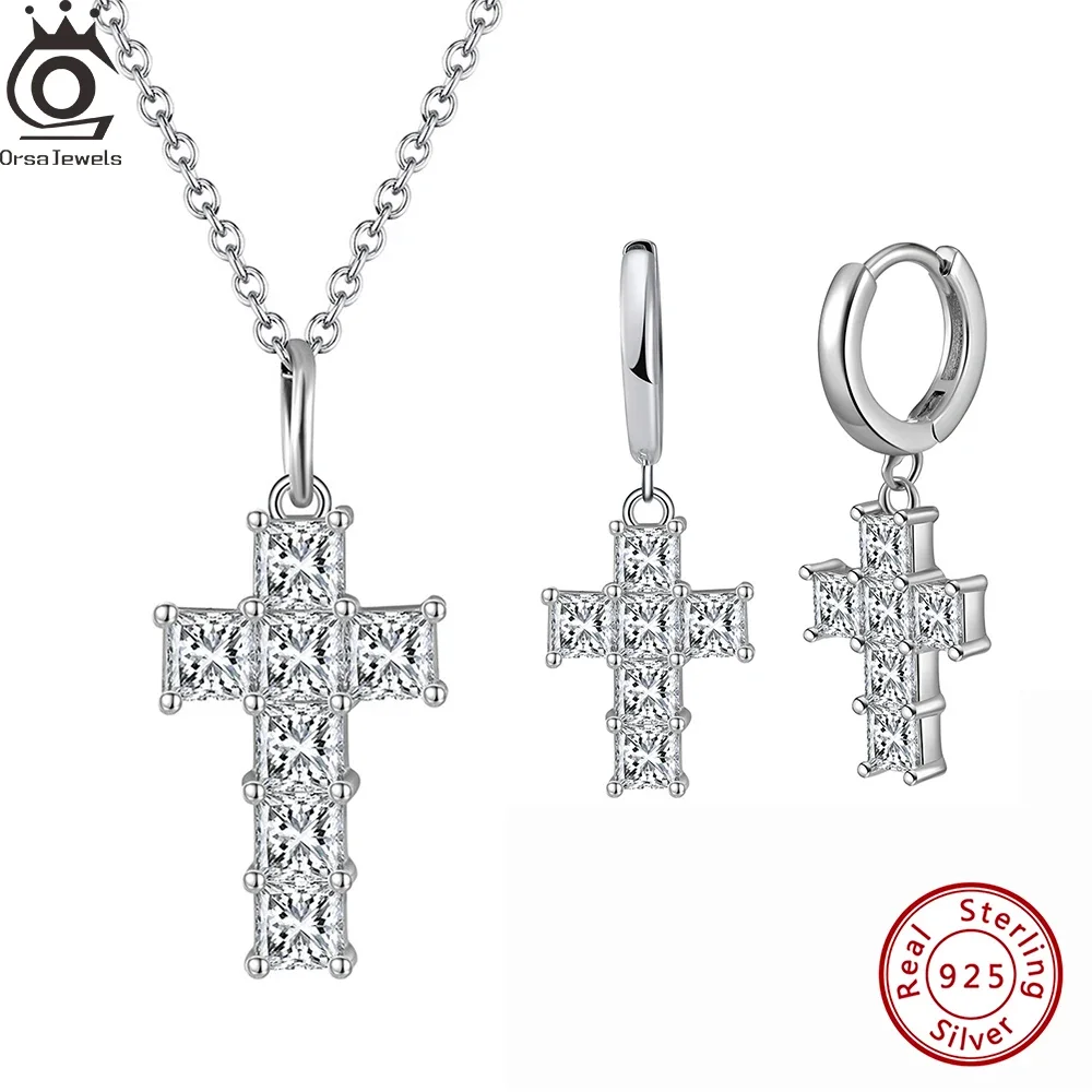 ORSA JEWELS Цирконий CZ Крест Кулон Ожерелье Серьги Стерлингового Серебра 925 пробы с