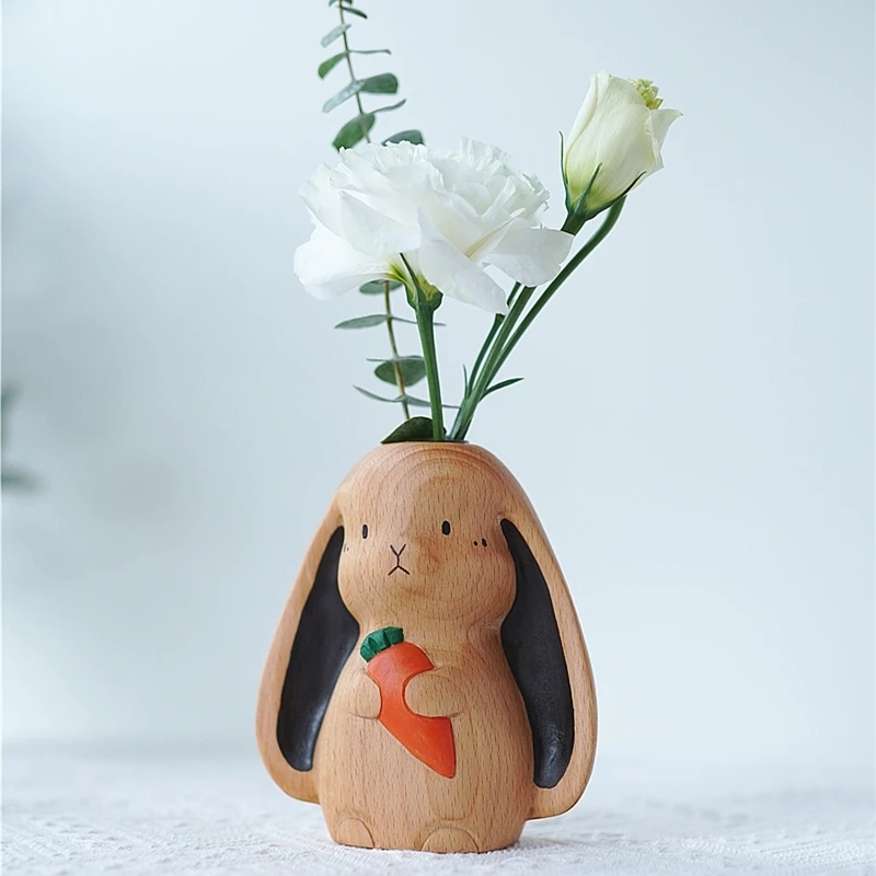 Creative rabbit solid wood dried flower vase ornaments hydroponic arrangement desktop bunny decoration