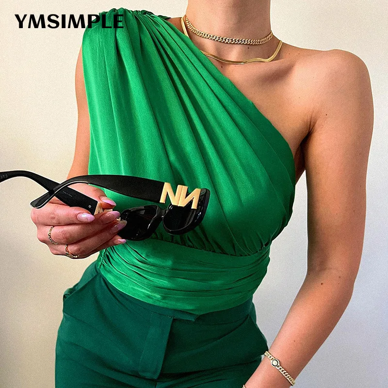 

Fashion Women Backless Corset Backless Green Black Folds Satin Crop Top T-shirt Elegant Summer One Shoulder Sleeveless Tank Top