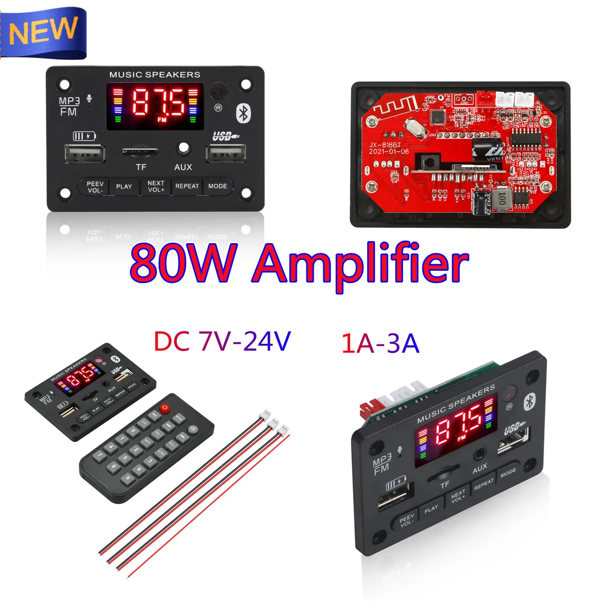 2*40W 80W Amplifier MP3 Player Decoder Board 7V-24V Bluetooth-compatible 5.0 Car FM Radio Module TF USB AUX WMA Player Decoder