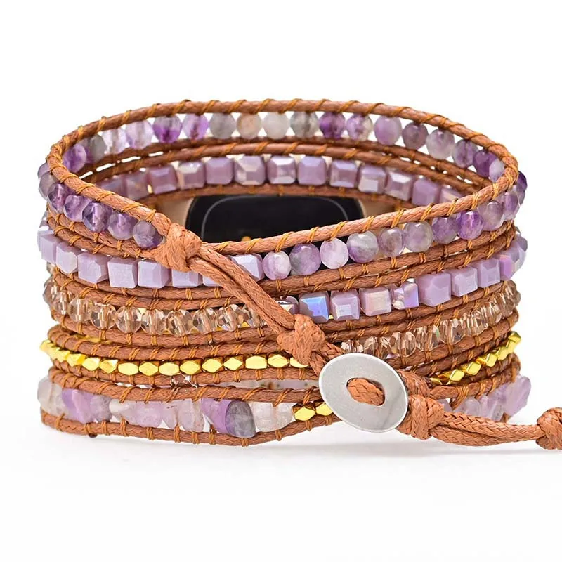 Natural Amethyst Gemstone Strap For Fitbit Versa 4 3 2 1 Band Bohemian Beads Rope Wristband For Fitbit Versa Lite/Fitbit Sense 2