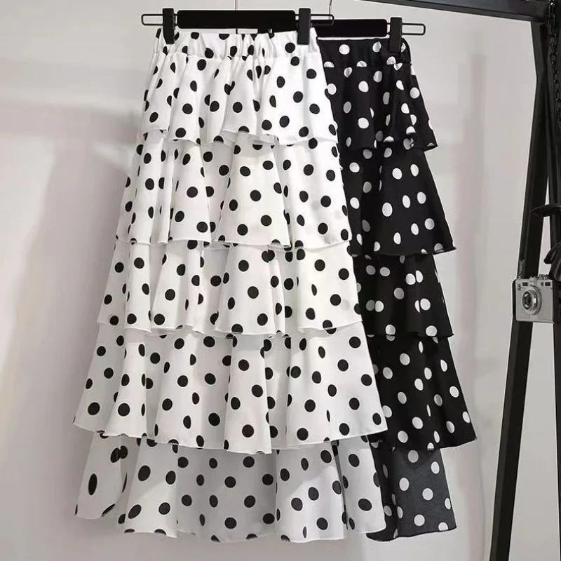 Polka Dot Skirts for women 2023 summer Fishtail Polka Dot Skirt midi Dress Chiffon Skirt Figure Flattering Tiered cake Dress
