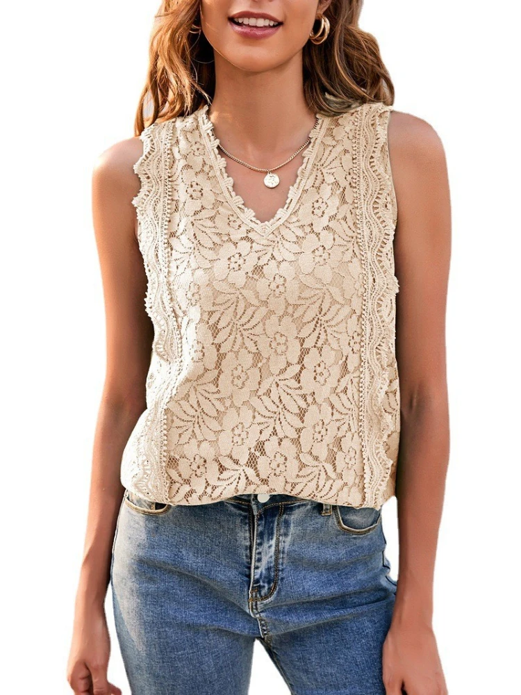 

Womens Sleeveless Lace Solid Hollow Flower Knitted Vest Tops for Summer