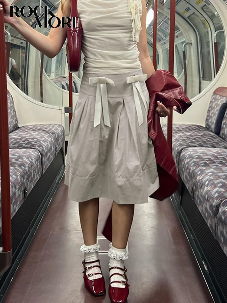 

Rockmore Harajuku Bow Patchwork Midi Skirt for Women y2k Aesthetic Kawaii Casual A-line Skirts 2000s Japanese Style Retro Outfit