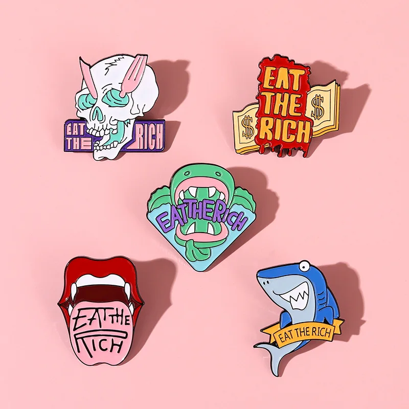 

Eat The Rich Pins Cartoon Shark Skeleton Lip Pins Accessories Clothing Backpack Brooch Enamel Lapel Pins Badge Wholesale