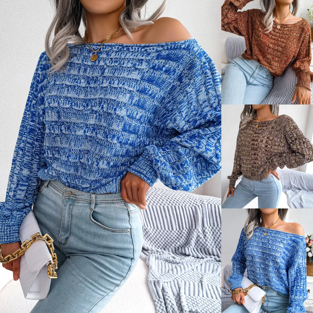 2022 autumn and winter fashion color fried dough twist long sleeved off shoulder knitted sweater women's wear