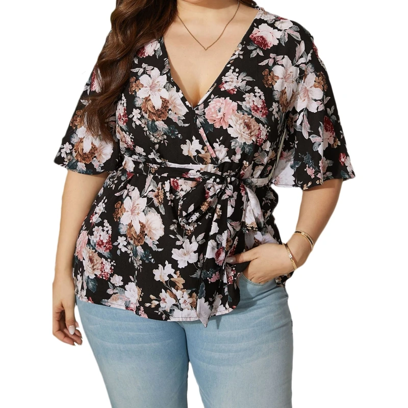 

Women Half Sleeve Floral Shirt Sexy Wrap V-Neck Belted Ruffle Peplum Blouse Top
