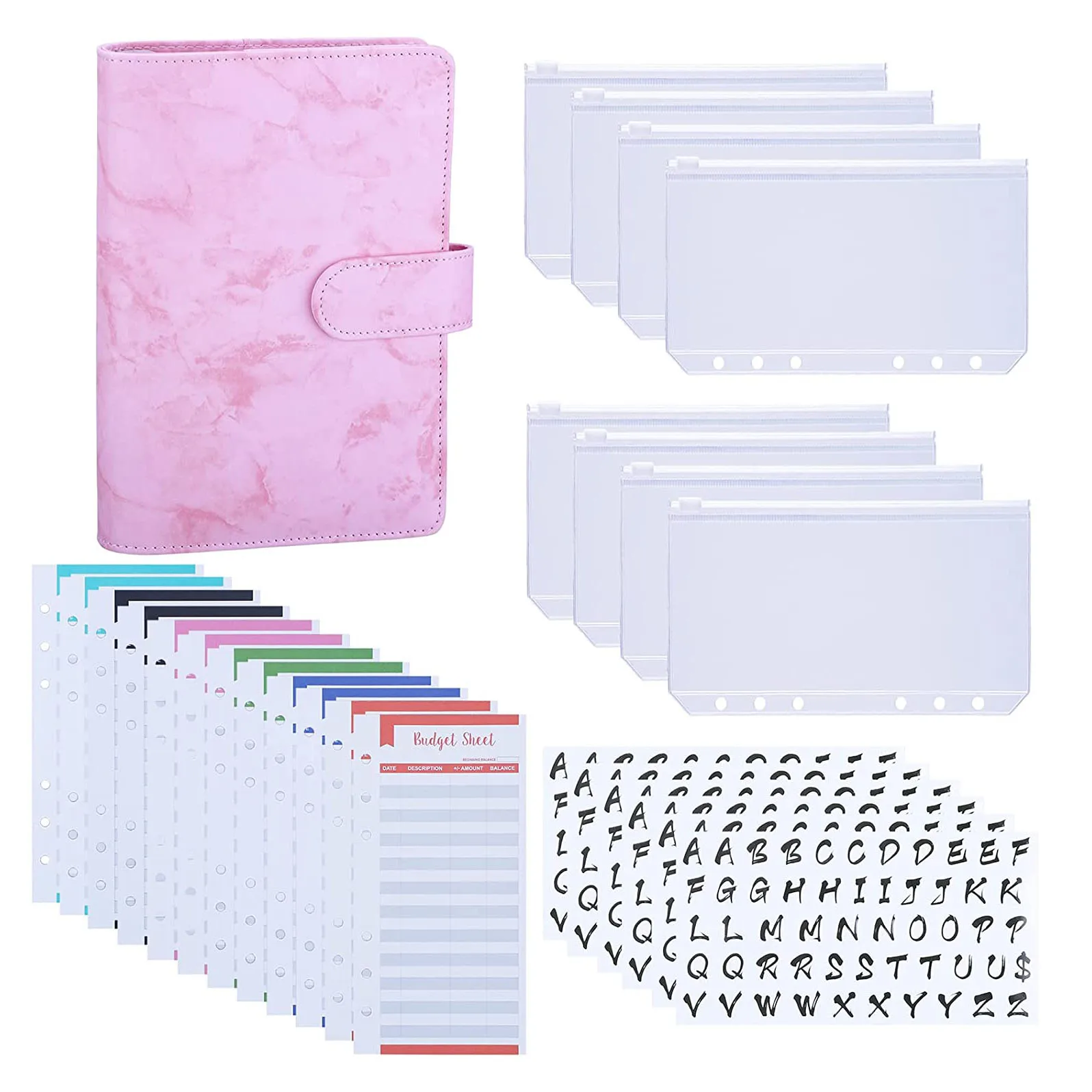 

A6 PU Leather Budget Binder with Binder Pockets, Expense Budget Sheets, Sticker Labels,Budget Money Saving Cash Envelopes System