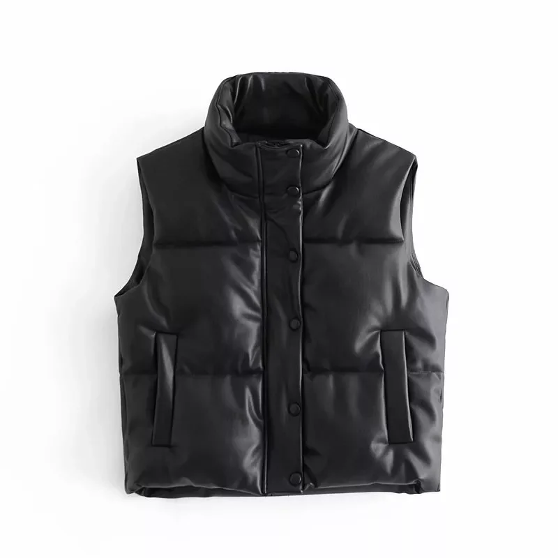 

TRAF Women 2021 Fashion Winter Sleeveless Zipper Waistcoat Leather Cotton Pocket Stand Collar Short Waistcoat Streetwear