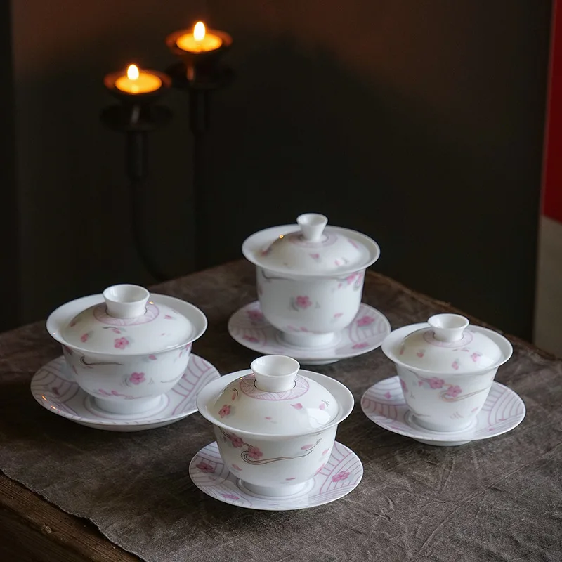 

White Porcelain Egg-Shell Porcelain Sancai Gaiwan Tea Cup Tea Bowl High-End Porcelain Kung Fu Tea Set Household Tea Maker