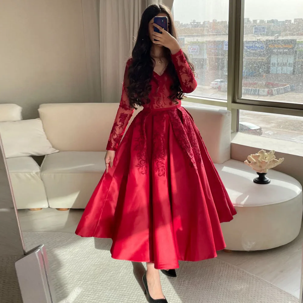 

Red Satin Evening Dresses for Women 2022 Tea Length Full Sleeve V Neck Prom Dresses Appliques Formal Party Gown فستان سهرة
