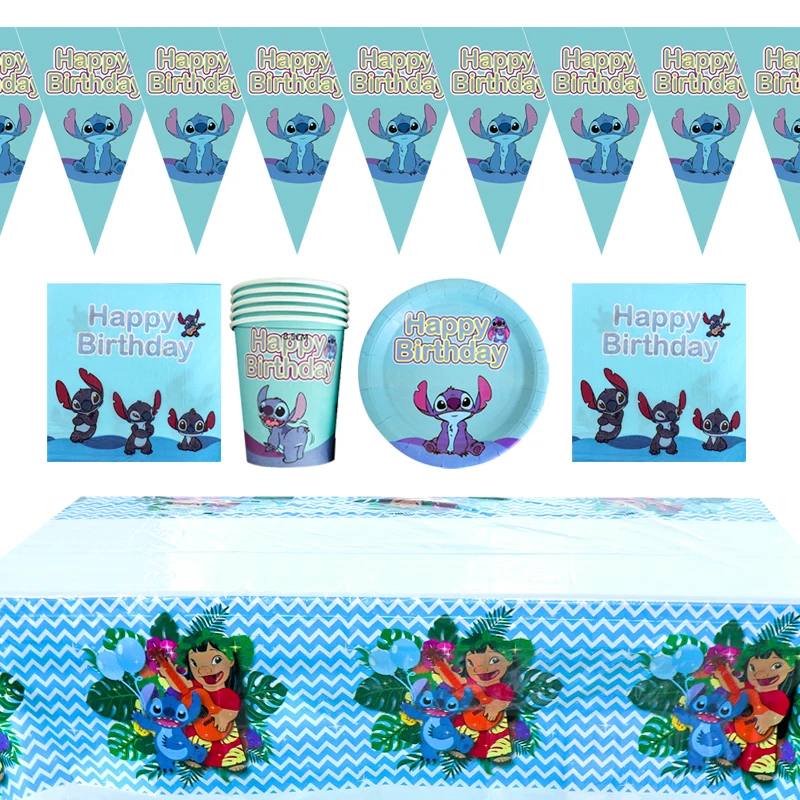 

51pcs/lot Lilo Stitch Theme Table Cover Banner Happy Birthday Party Flags Napkins Plates Cups Decoration Tablecloth Supplies