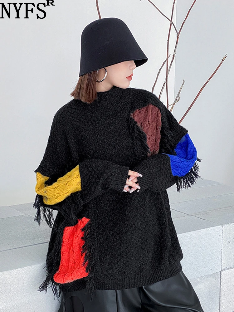 

NYFS 2023 Winter New Street Style Woman Sweater Casual Knit Pullover Loose Plus Size Tassel Long Sleeve Tops