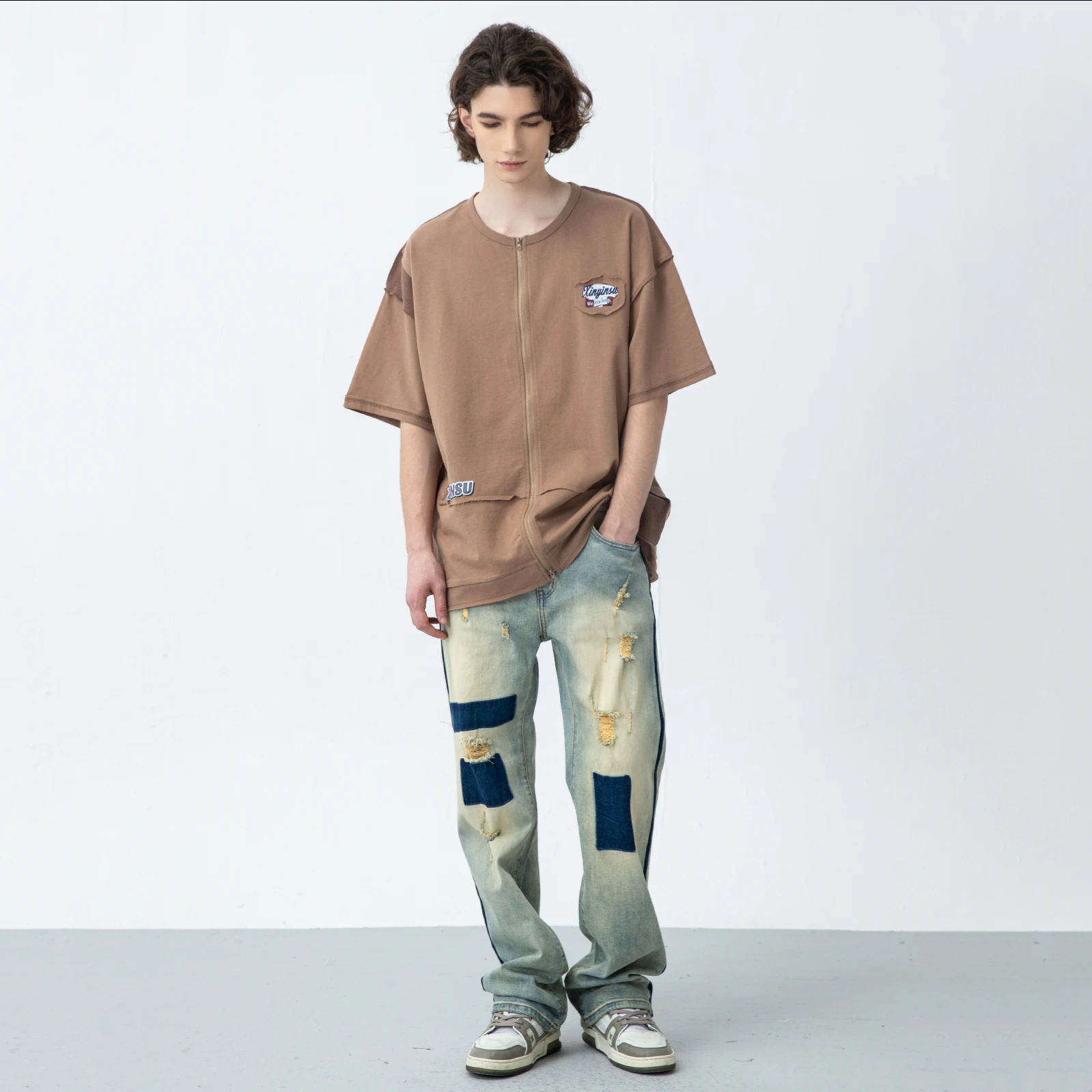 Men's Jeans Retro Washed Colorblock Ripped Straight Jeans High Street Trend Trousers Casual Trousers Ins Hot Sale Streetwear Men