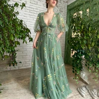 lorie forest green fairy lace prom party dresses puff sleeves a line foraml graduation gowns pleat appliques evening dance dress