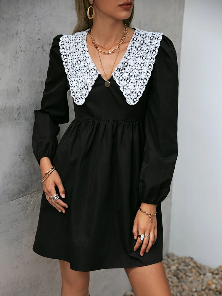 

Luxury black women dress Puff sleeve v-neck peter pan lace collar smock dress Vintage high waist loose mini vestido 2022
