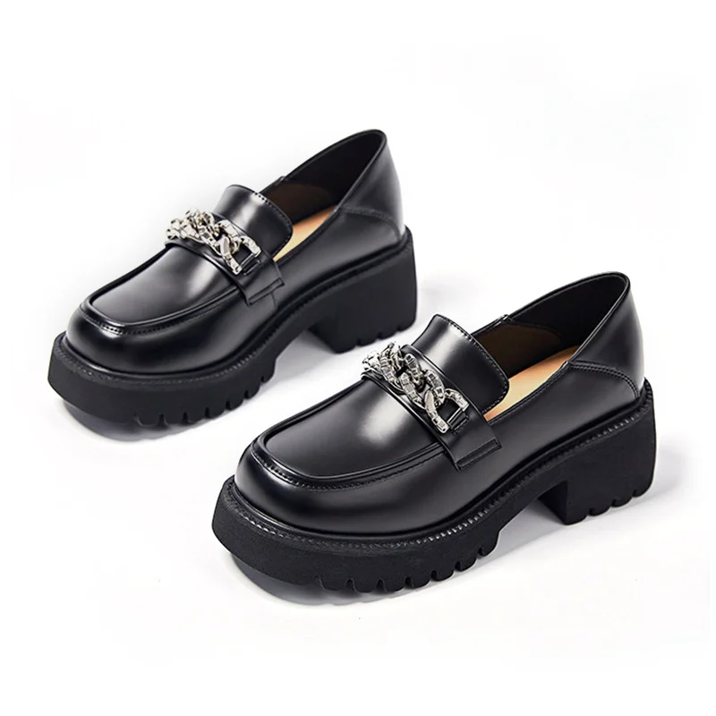 

2023 Spring Women Loafers Chunky Genuine Leather Vintage Platform Shoes High Heels Ladies Casual Shoes British Style