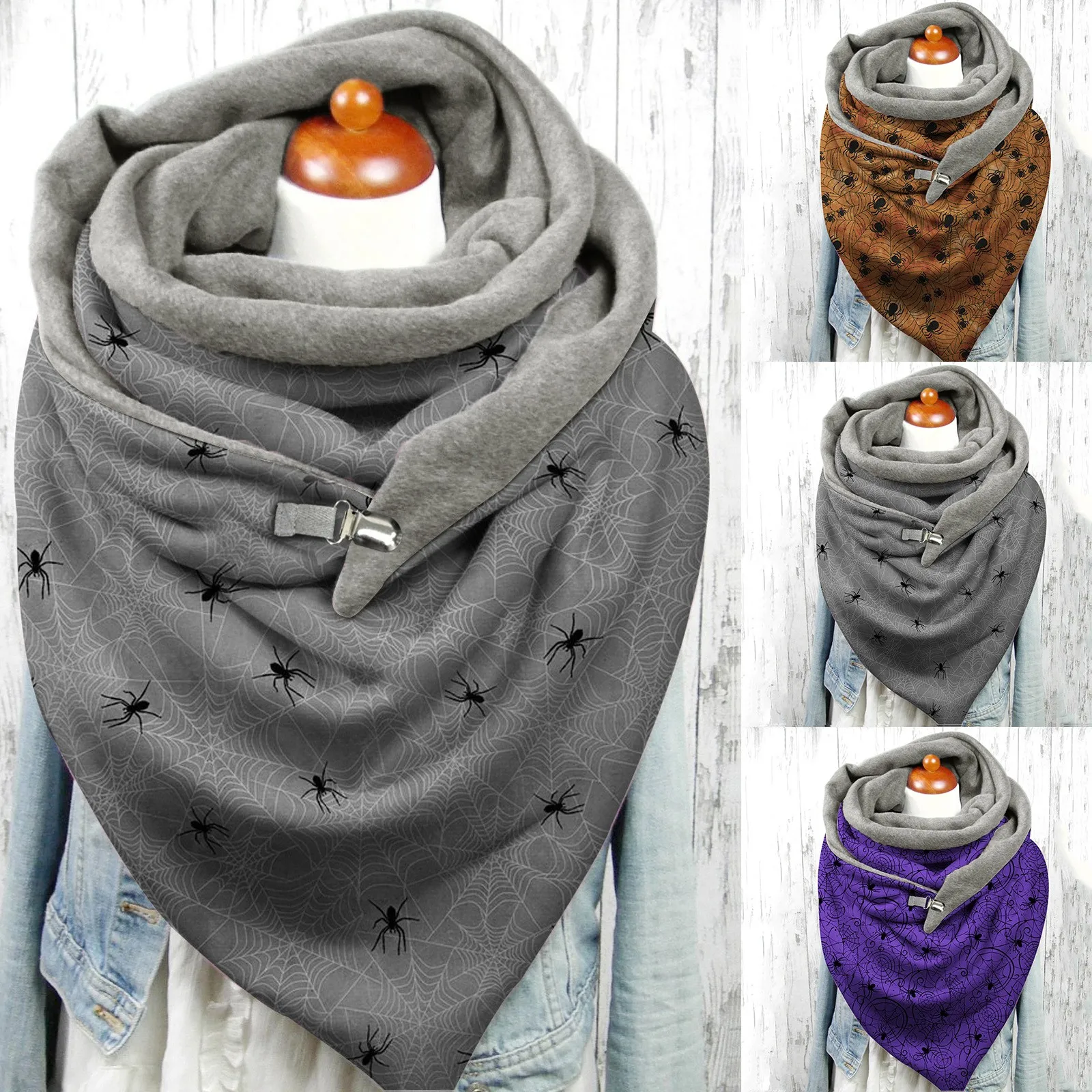 Женский Лавандовый Шарф На Хэллоуин Зимняя Мягкая Накидка Пуговицы С Принтом